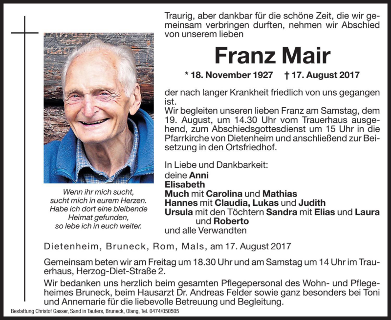  Traueranzeige für Franz Mair vom 18.08.2017 aus Dolomiten