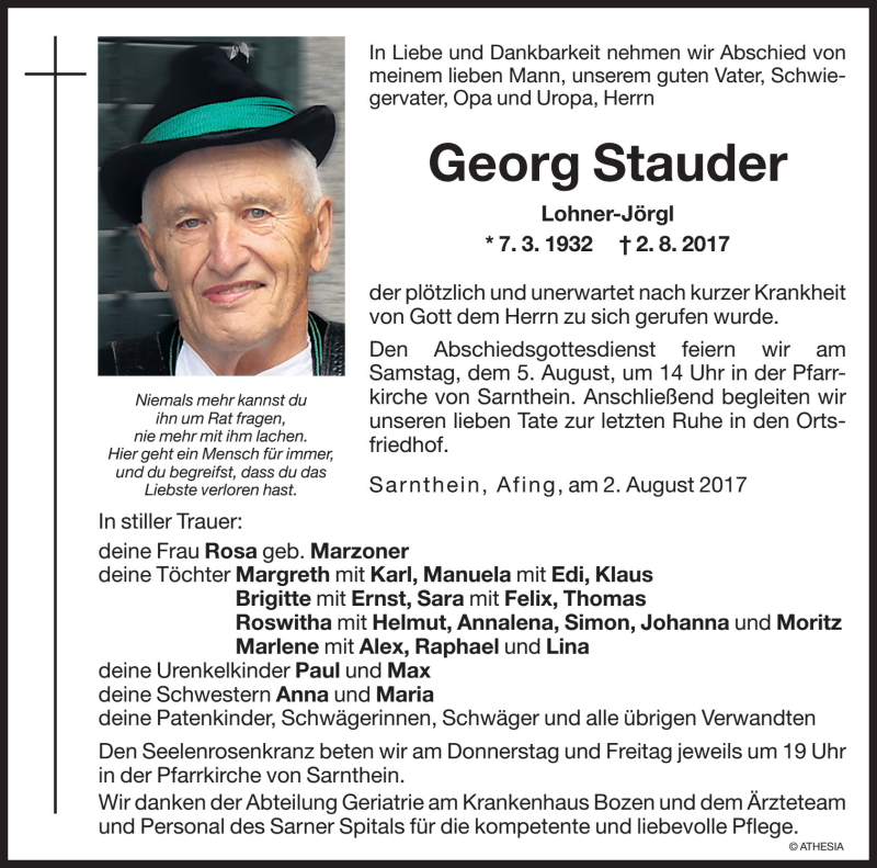  Traueranzeige für Georg Stauder vom 03.08.2017 aus Dolomiten
