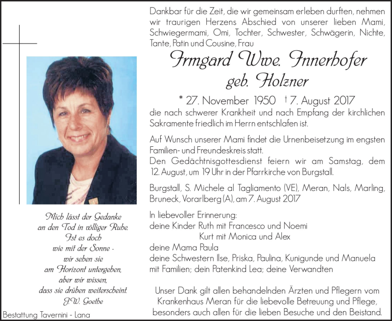  Traueranzeige für Irmgard Innerhofer vom 11.08.2017 aus Dolomiten