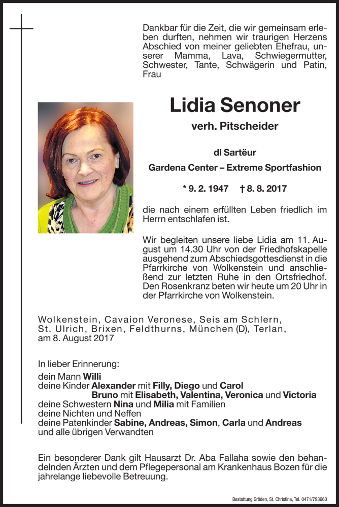  Traueranzeige für Lidia Pitscheider vom 10.08.2017 aus Dolomiten