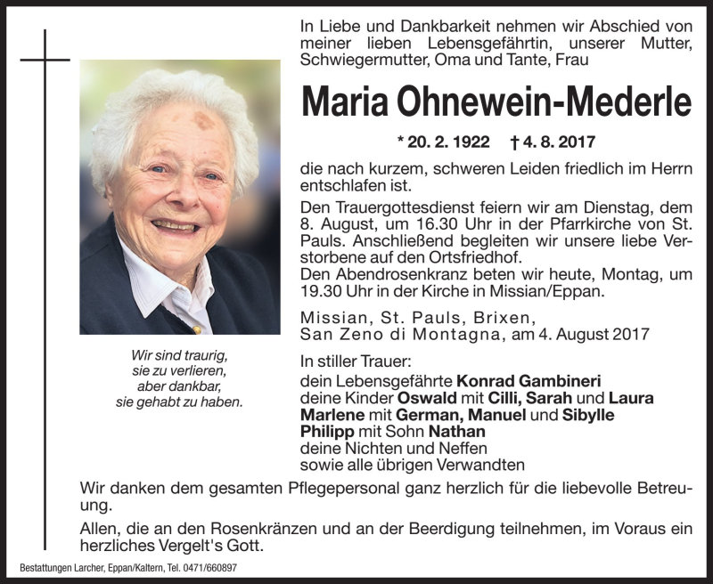  Traueranzeige für Maria Ohnewein-Mederle vom 07.08.2017 aus Dolomiten