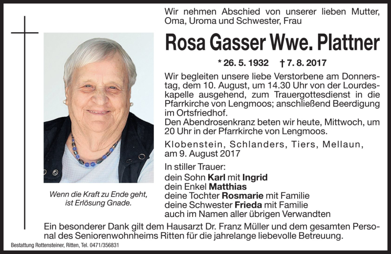  Traueranzeige für Rosa Plattner vom 09.08.2017 aus Dolomiten
