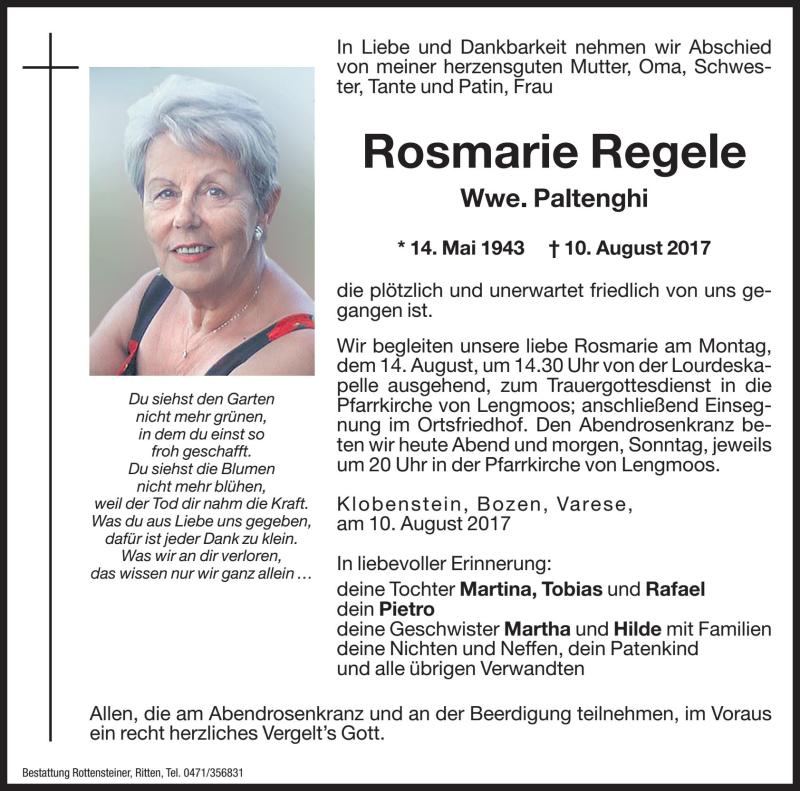  Traueranzeige für Rosmarie Paltenghi vom 12.08.2017 aus Dolomiten