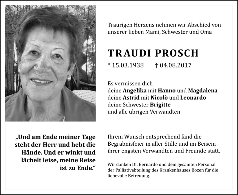  Traueranzeige für Traudi Prosch vom 12.08.2017 aus Dolomiten