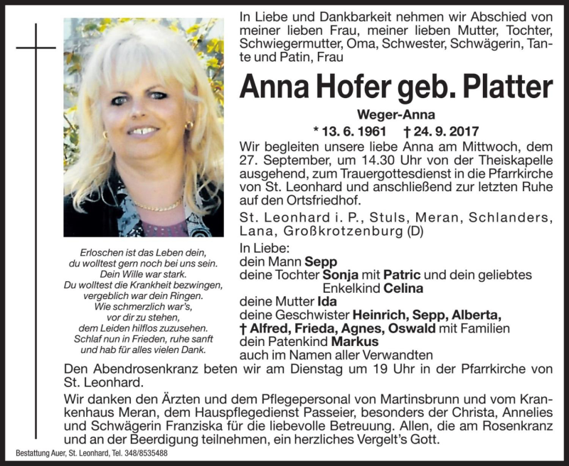  Traueranzeige für Anna Hofer vom 26.09.2017 aus Dolomiten