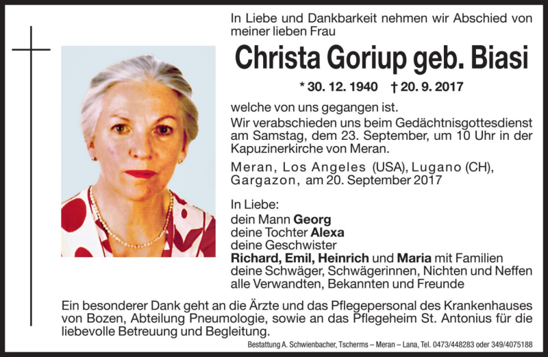  Traueranzeige für Christa Goriup vom 22.09.2017 aus Dolomiten