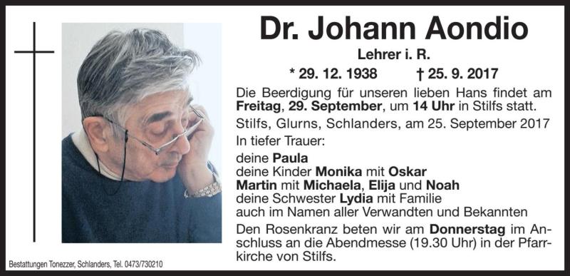  Traueranzeige für Johann Aondio vom 28.09.2017 aus Dolomiten