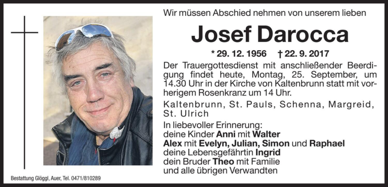  Traueranzeige für Josef Darocca vom 25.09.2017 aus Dolomiten