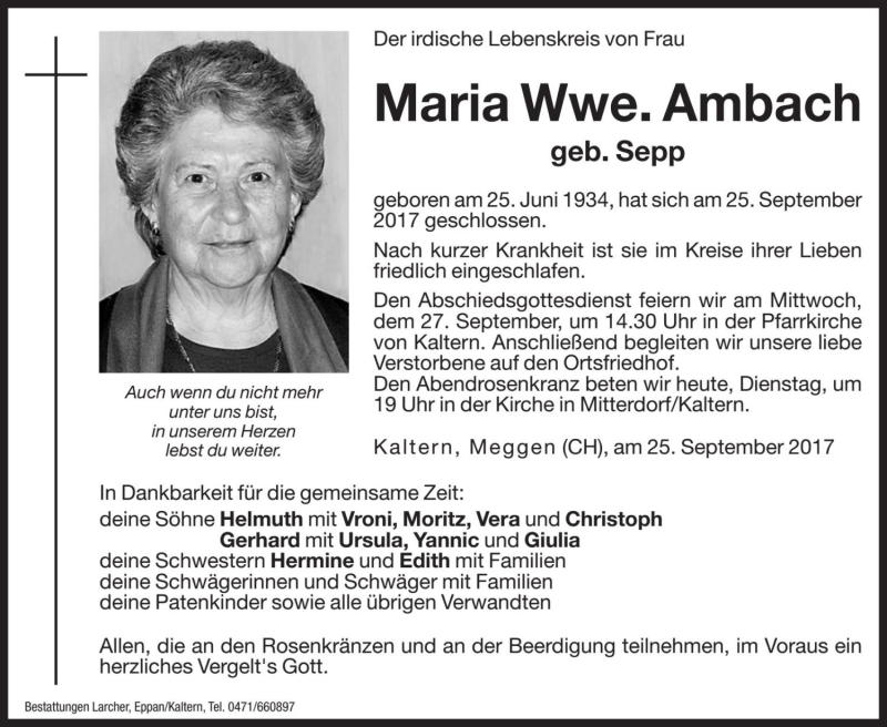  Traueranzeige für Maria Ambach vom 26.09.2017 aus Dolomiten