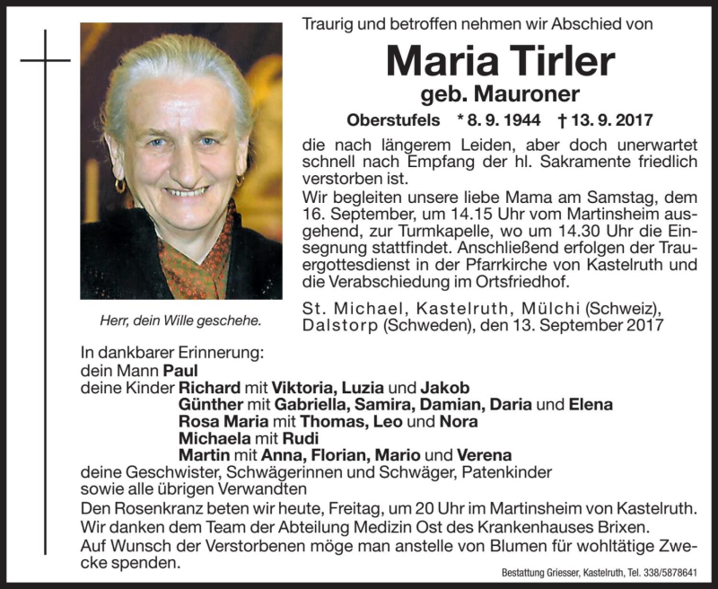  Traueranzeige für Maria Tirler vom 15.09.2017 aus Dolomiten