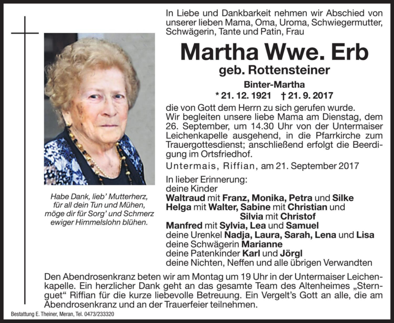  Traueranzeige für Martha Erb vom 23.09.2017 aus Dolomiten
