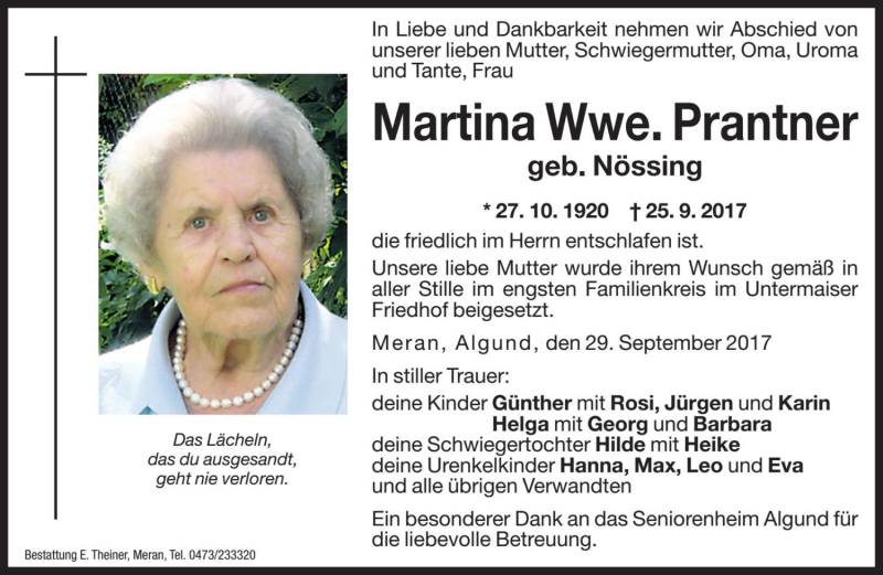  Traueranzeige für Martina Prantner vom 29.09.2017 aus Dolomiten