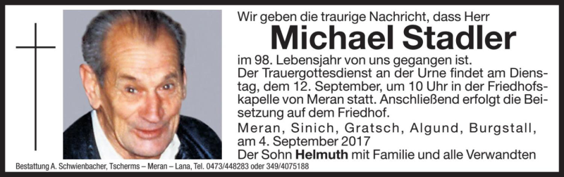  Traueranzeige für Michael Stadler vom 08.09.2017 aus Dolomiten