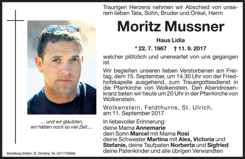  Traueranzeige für Moritz Mussner vom 14.09.2017 aus Dolomiten