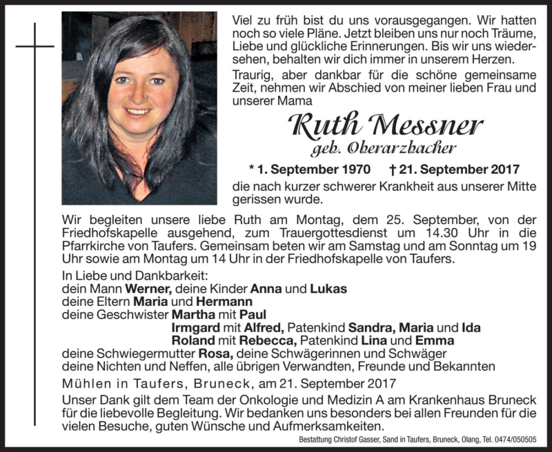  Traueranzeige für Ruth Messner vom 23.09.2017 aus Dolomiten