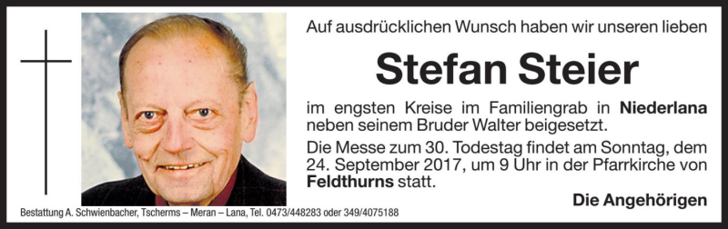  Traueranzeige für Stefan Steier vom 22.09.2017 aus Dolomiten