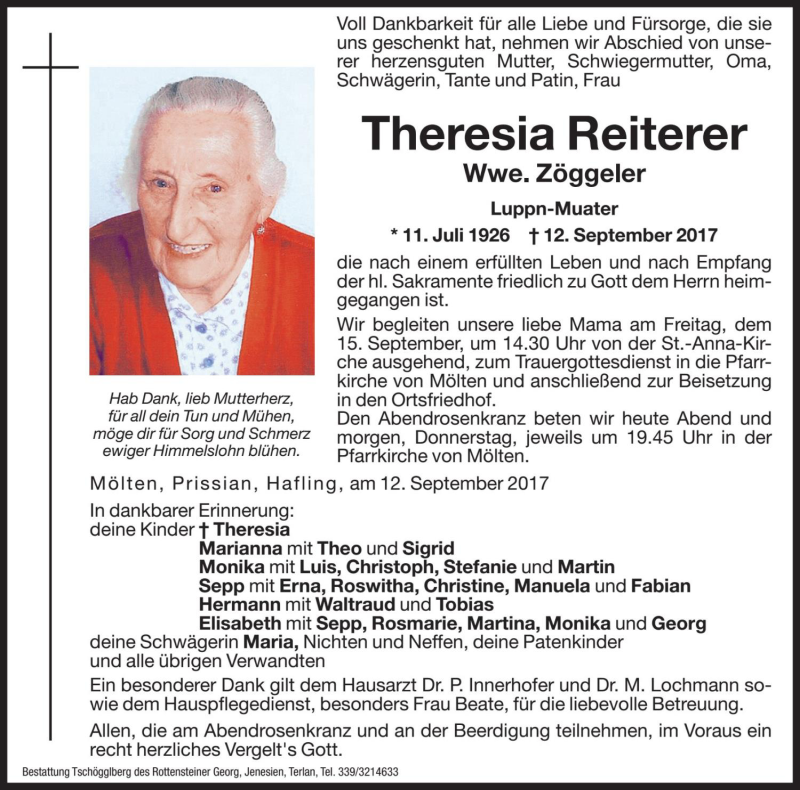  Traueranzeige für Theresia Zöggeler vom 13.09.2017 aus Dolomiten