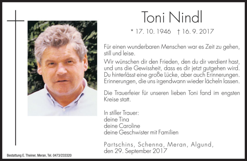  Traueranzeige für Toni Nindl vom 29.09.2017 aus Dolomiten