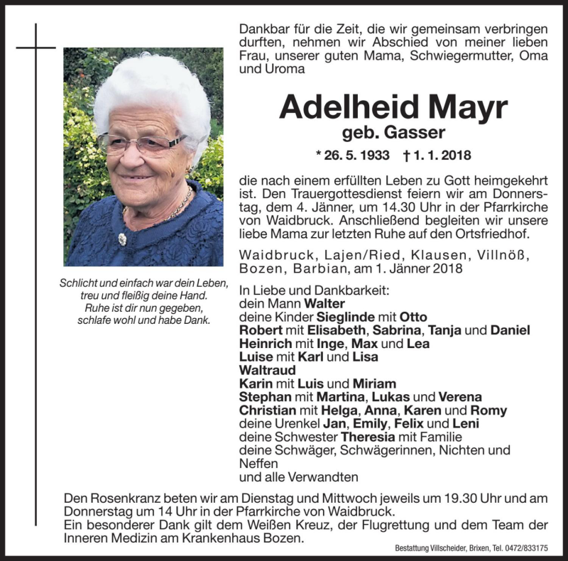  Traueranzeige für Adelheid Mayr vom 02.01.2018 aus Dolomiten