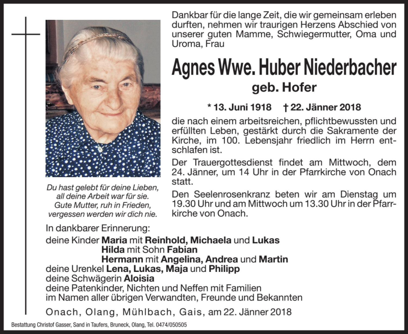  Traueranzeige für Agnes Huber Niederbacher vom 23.01.2018 aus Dolomiten
