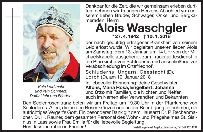  Traueranzeige für Alois Waschgler vom 12.01.2018 aus Dolomiten