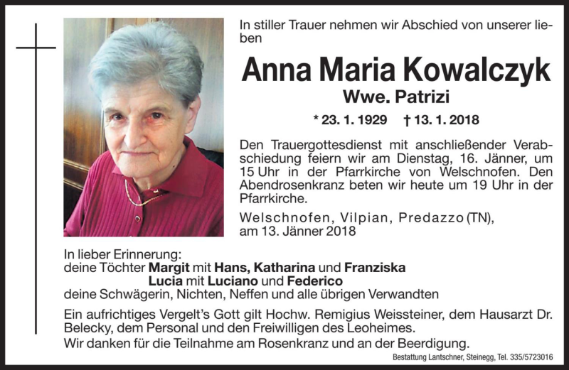  Traueranzeige für Anna Maria Patrizi vom 15.01.2018 aus Dolomiten