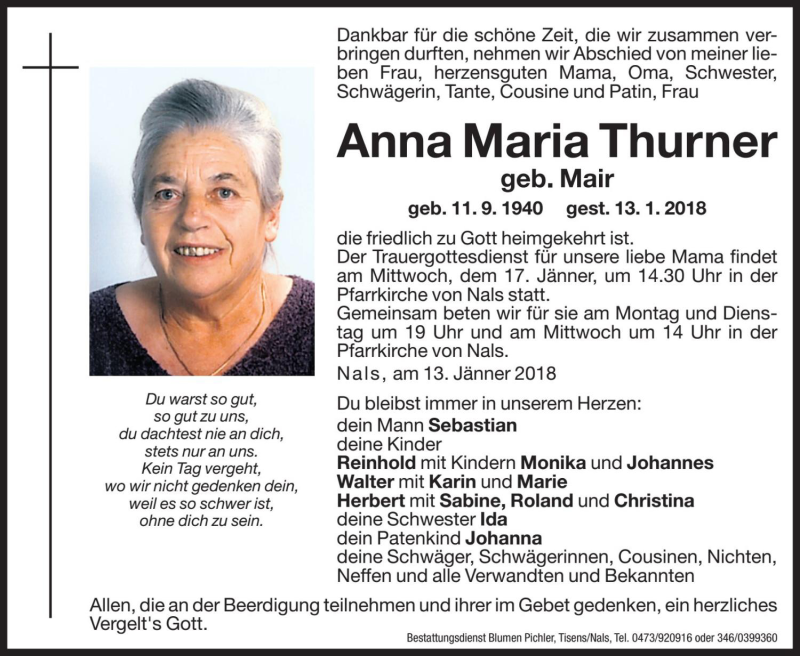  Traueranzeige für Anna Maria Thurner vom 15.01.2018 aus Dolomiten