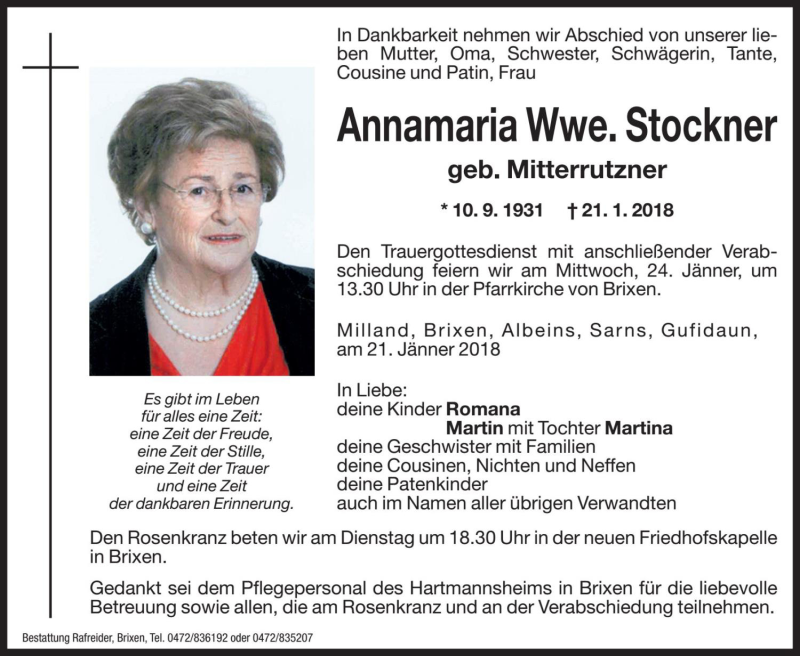  Traueranzeige für Annamaria Stockner vom 23.01.2018 aus Dolomiten