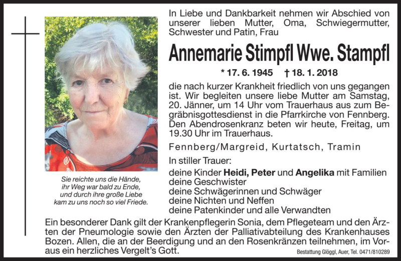  Traueranzeige für Annemarie Stampfl vom 19.01.2018 aus Dolomiten