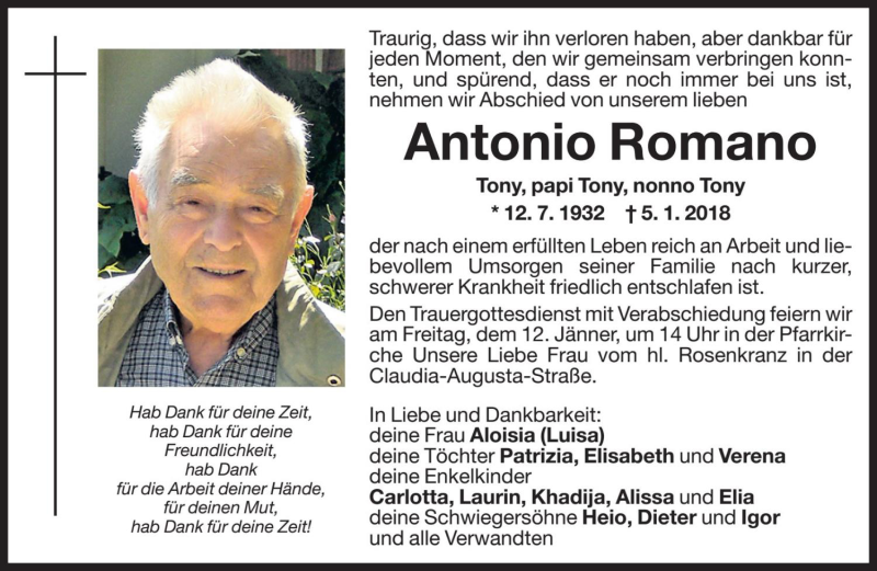  Traueranzeige für Antonio Romano vom 11.01.2018 aus Dolomiten