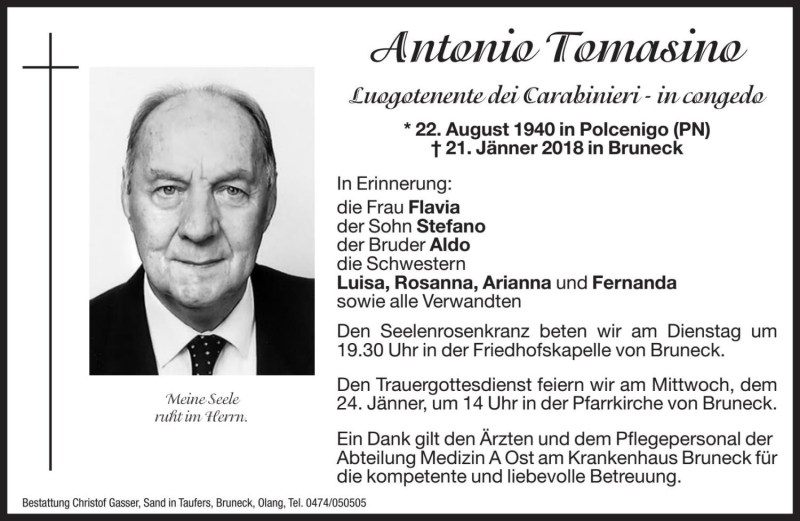  Traueranzeige für Antonio Tomasino vom 22.01.2018 aus Dolomiten