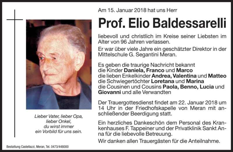 Traueranzeige für Elio Baldessarelli vom 19.01.2018 aus Dolomiten