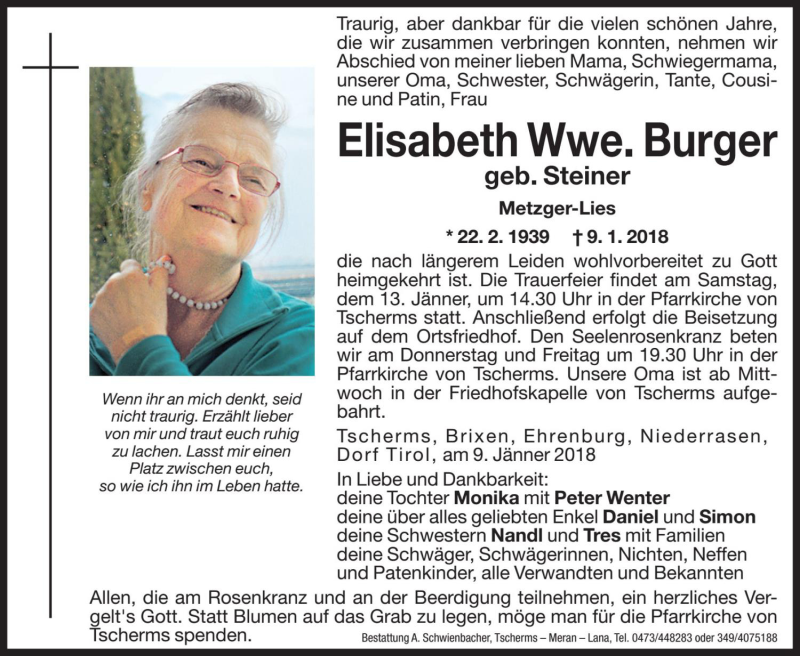  Traueranzeige für Elisabeth Burger vom 11.01.2018 aus Dolomiten