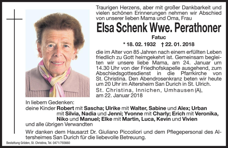  Traueranzeige für Elsa Perathoner vom 23.01.2018 aus Dolomiten