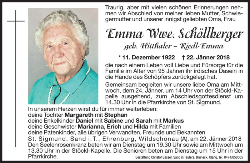  Traueranzeige für Emma Schöllberger vom 23.01.2018 aus Dolomiten