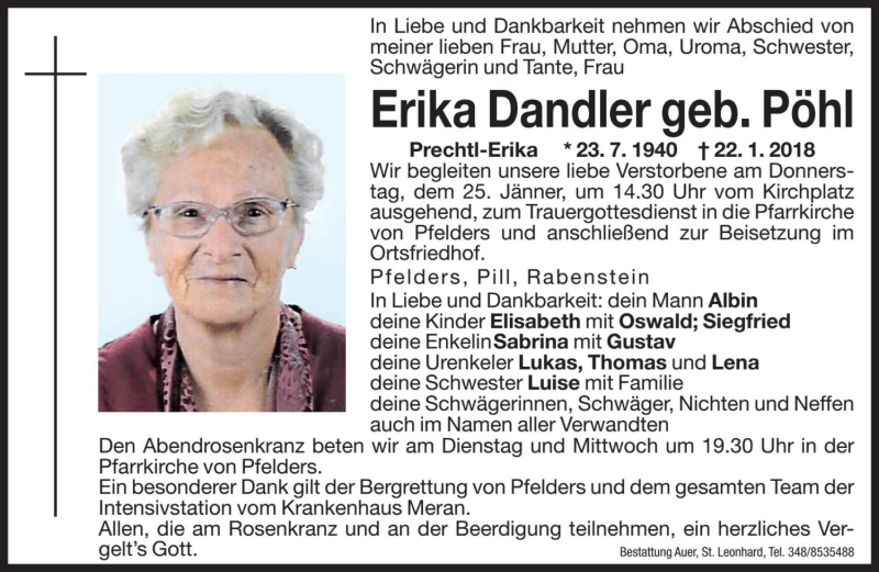  Traueranzeige für Erika Dandler vom 23.01.2018 aus Dolomiten