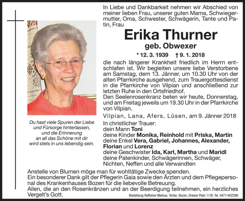  Traueranzeige für Erika Thurner vom 11.01.2018 aus Dolomiten