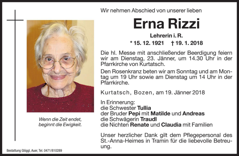  Traueranzeige für Erna Rizzi vom 20.01.2018 aus Dolomiten