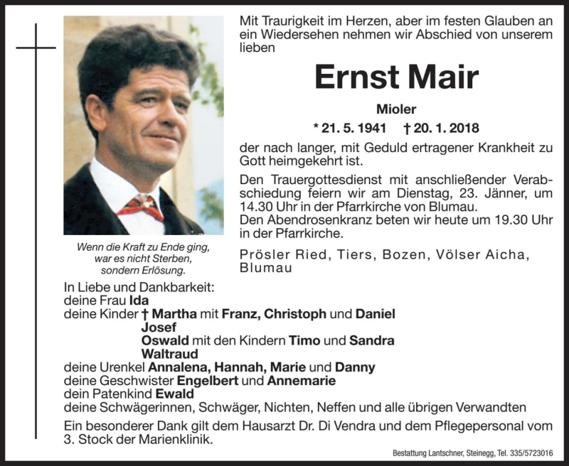  Traueranzeige für Ernst Mair  vom 22.01.2018 aus Dolomiten