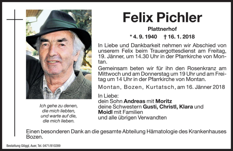  Traueranzeige für Felix Pichler vom 17.01.2018 aus Dolomiten
