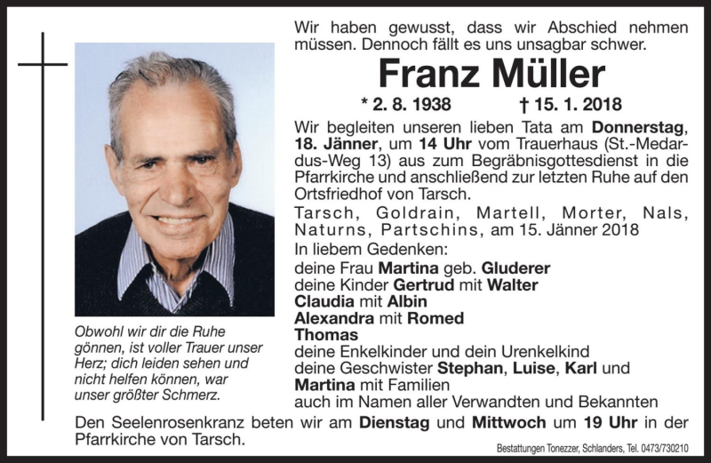  Traueranzeige für Franz Müller vom 16.01.2018 aus Dolomiten