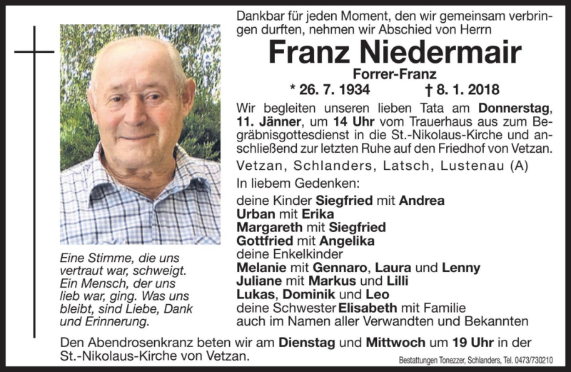  Traueranzeige für Franz Niedermair vom 09.01.2018 aus Dolomiten