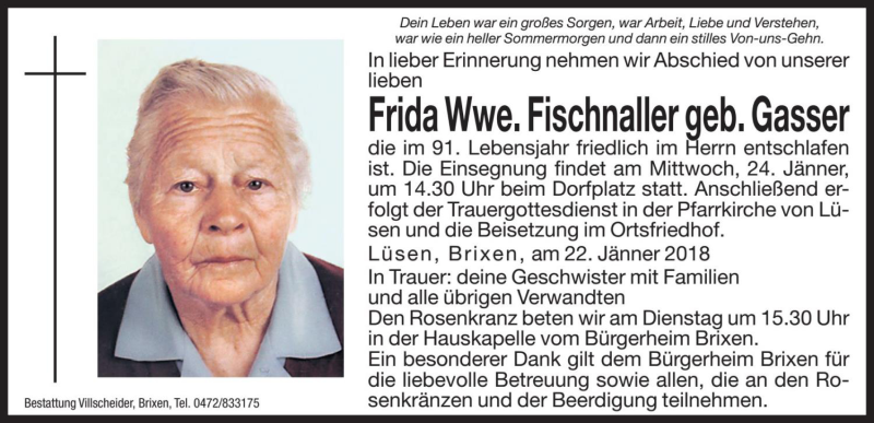 Traueranzeige für Frida Fischnaller vom 23.01.2018 aus Dolomiten