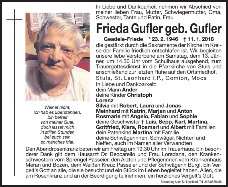  Traueranzeige für Frieda Gufler vom 12.01.2018 aus Dolomiten