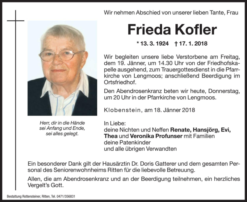  Traueranzeige für Frieda Kofler vom 18.01.2018 aus Dolomiten