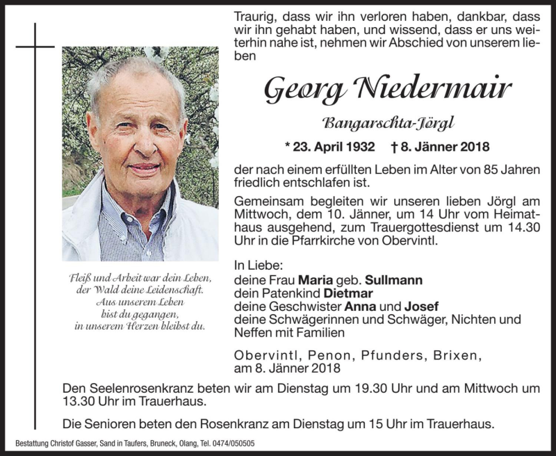  Traueranzeige für Georg Niedermair vom 09.01.2018 aus Dolomiten