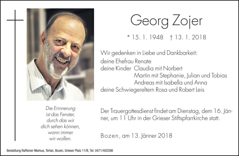  Traueranzeige für Georg Zojer vom 15.01.2018 aus Dolomiten