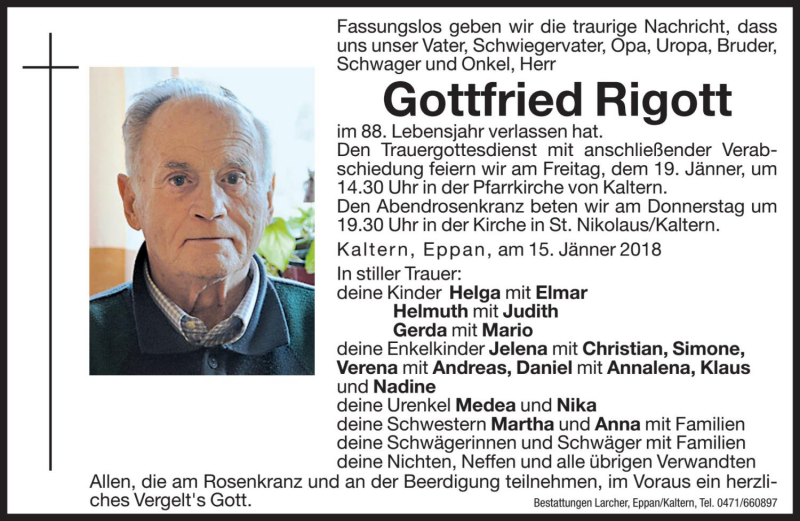  Traueranzeige für Gottfried Rigott vom 17.01.2018 aus Dolomiten