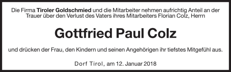  Traueranzeige für Gottfried Paul Colz vom 12.01.2018 aus Dolomiten