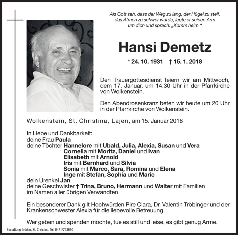  Traueranzeige für Hansi Demetz vom 16.01.2018 aus Dolomiten